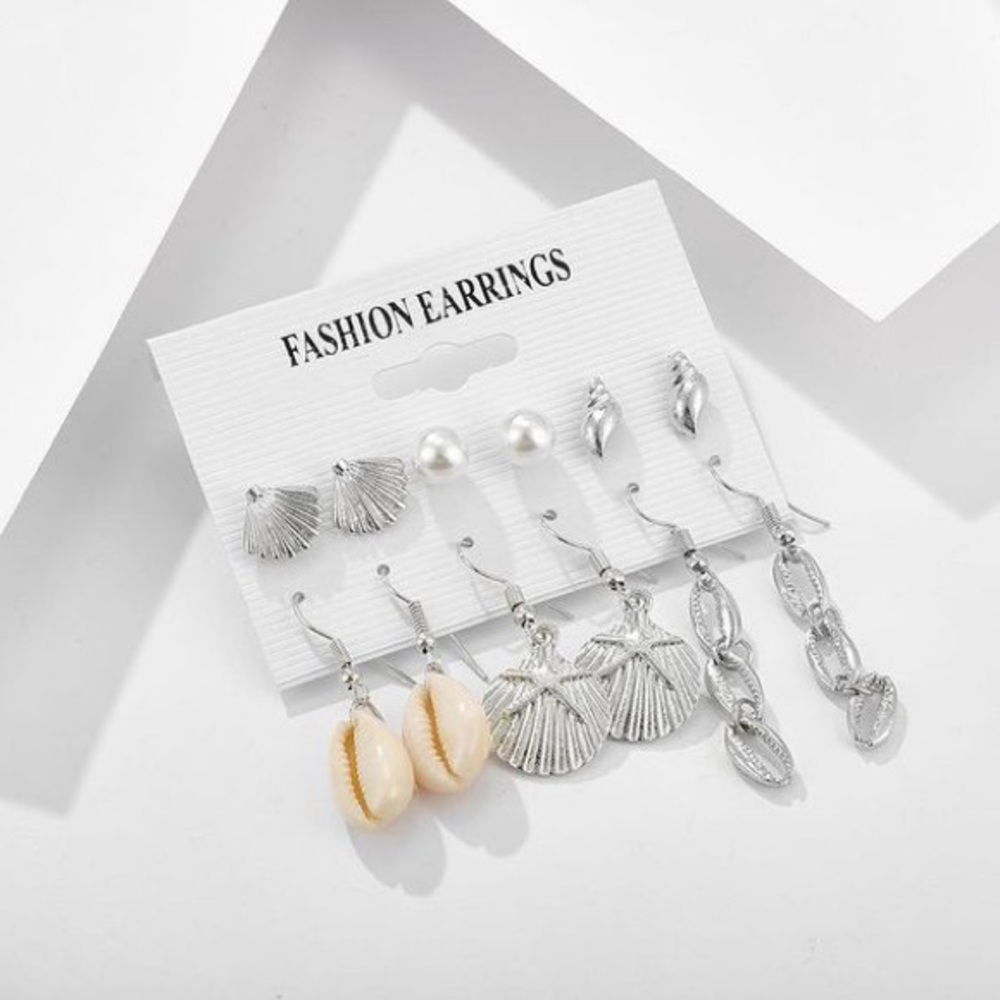 Set of 6 Silver Shell Pearl Earrings